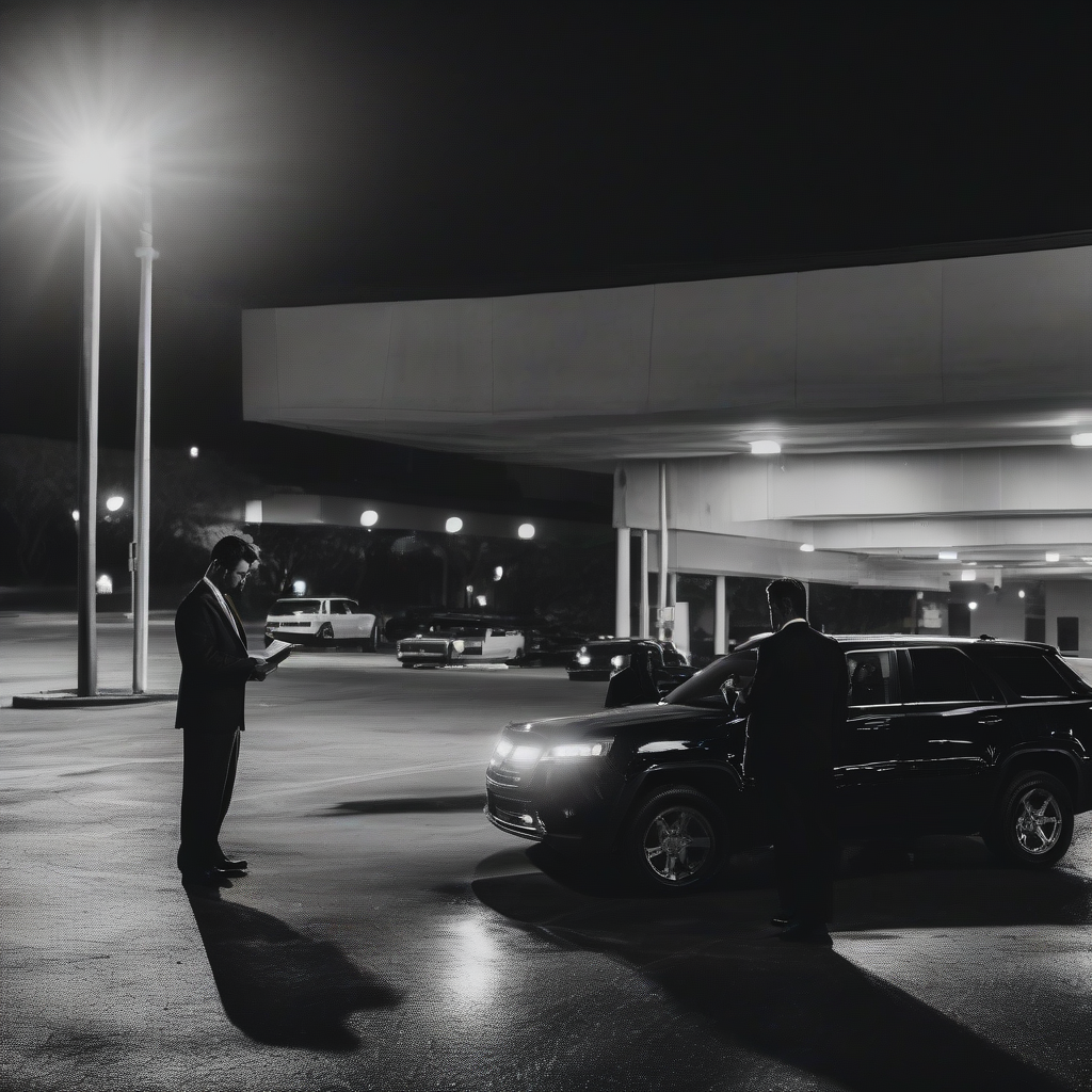 Two men in suits reviewing documents in a parking lot at night