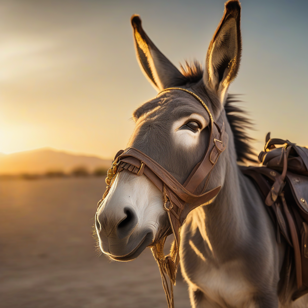 Lead donkey with gold-filled saddlebags, desert horizon behind