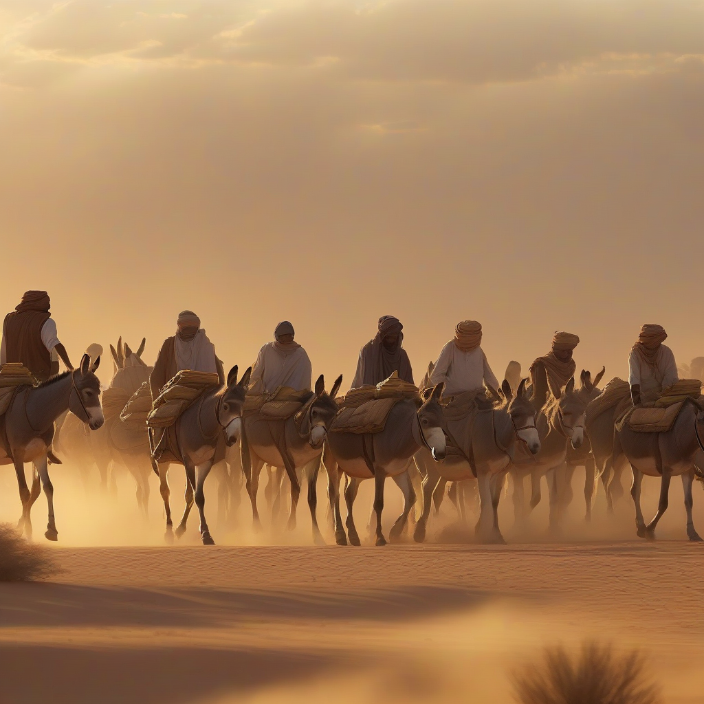 Donkeys carrying gold through desert landscape